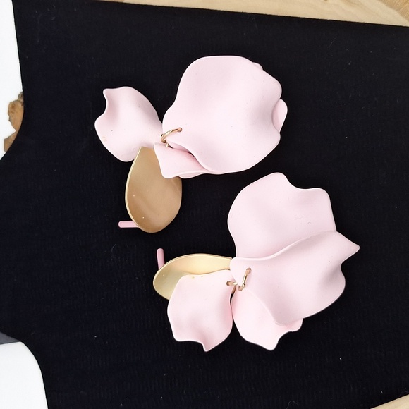 Statement Floral Drop Earrings - Pink Petal & Gold Tone Accent - Picture 3 of 3
